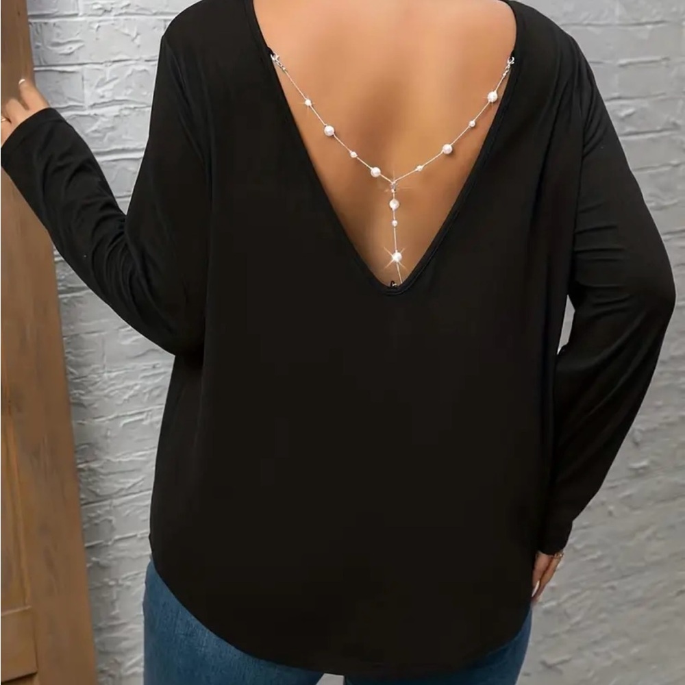 Black Long Sleeve Shirt With Beaded Back